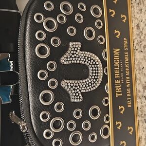 True Religion Black Belt Bag with Rhinestones Silver Accents New